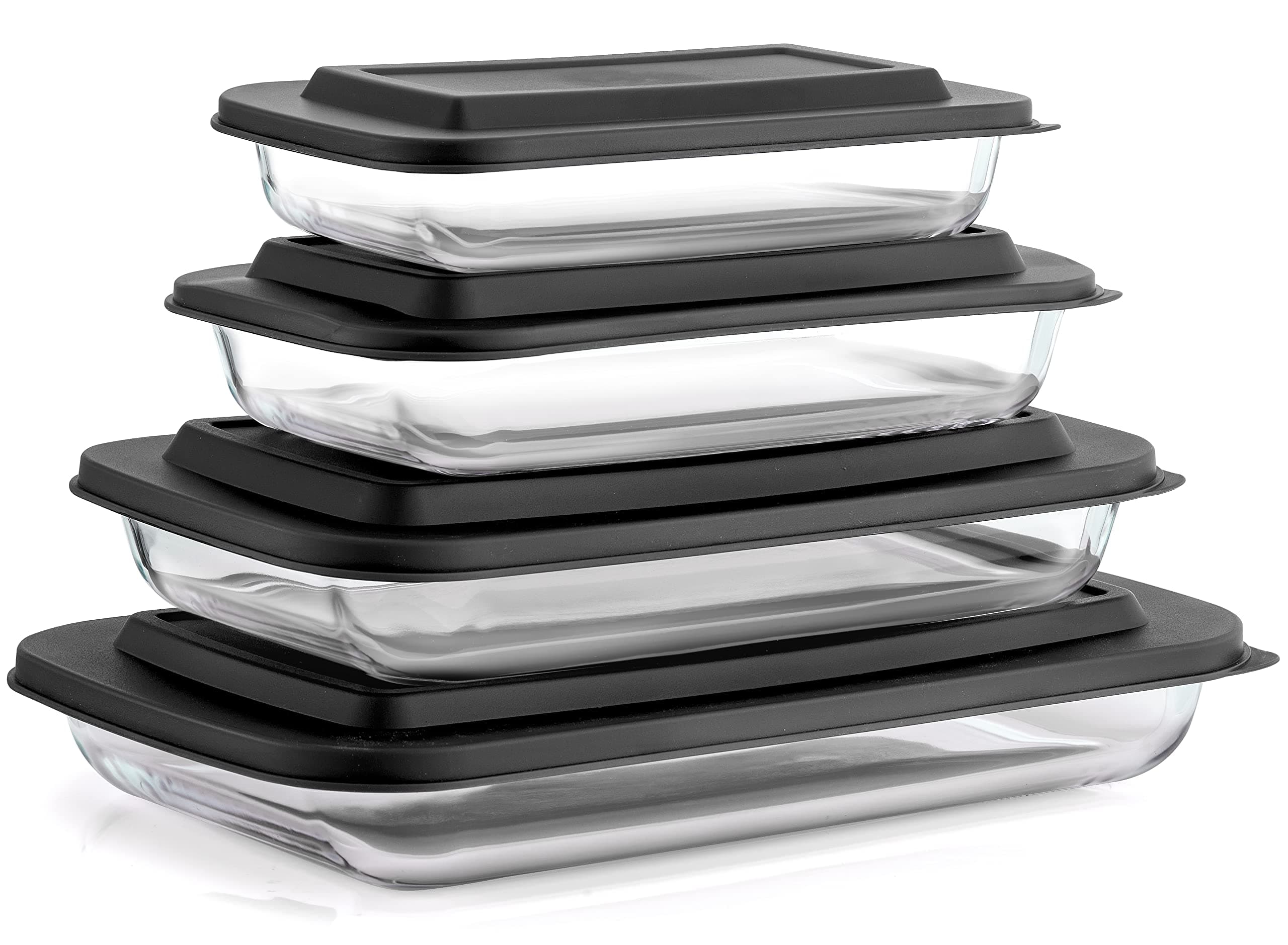 JoyJolt JoyFul 8pc Glass Bakeware Set. 4x Baking Pan Dishes and 4x Baking Dish Lids for Kitchen Storage, Deep Baking Sheet, Oven Tray, Rectangle Casserole Dish, Lasagna Pans, Cake Baking Sheets