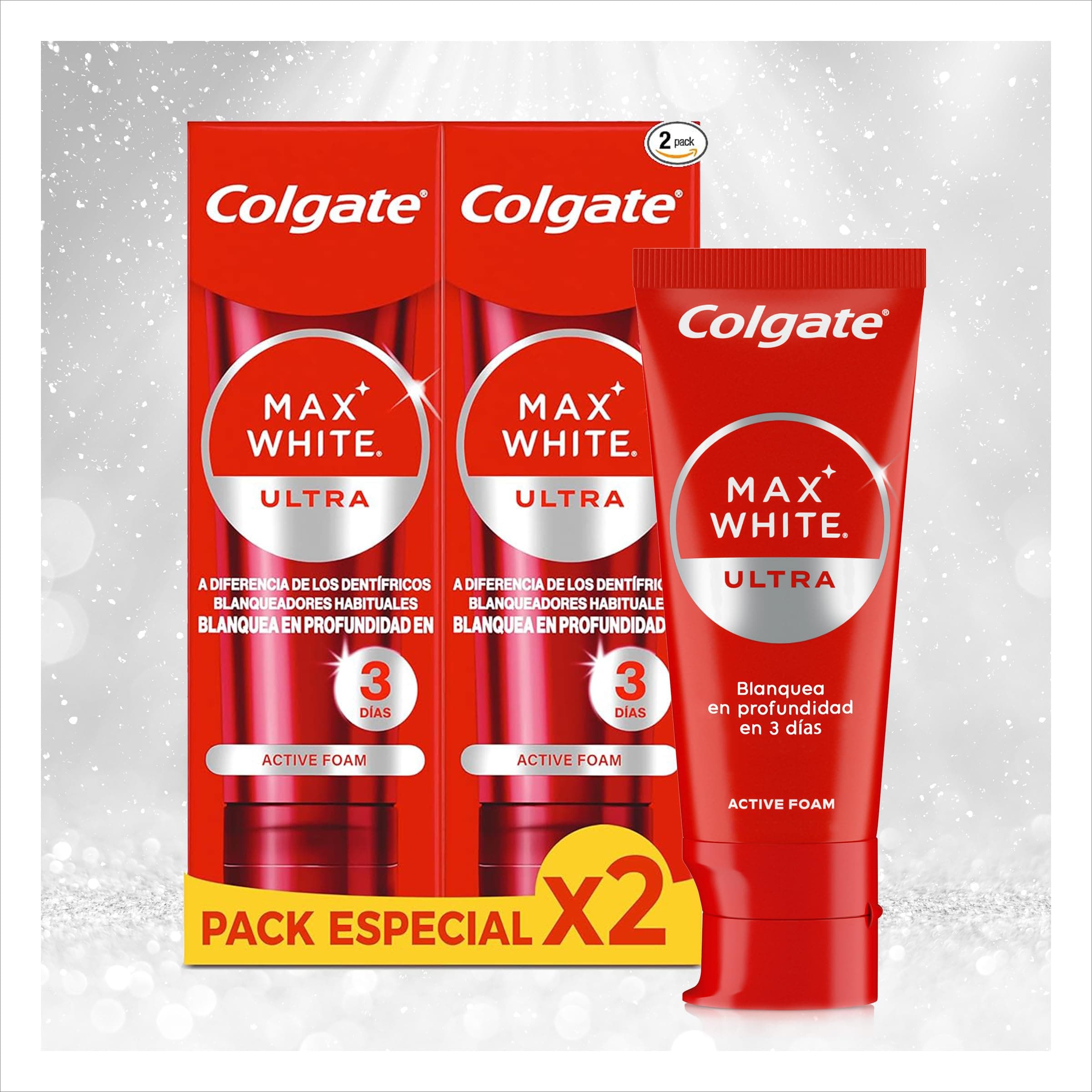 Colgate Max White Ultra Active Foam Toothpaste, At Home Whitening Toothpaste Clinically Proven Whiter Teeth in 3 Days*, Toothpaste Multipack, 2 Pack, 75ml Tubes