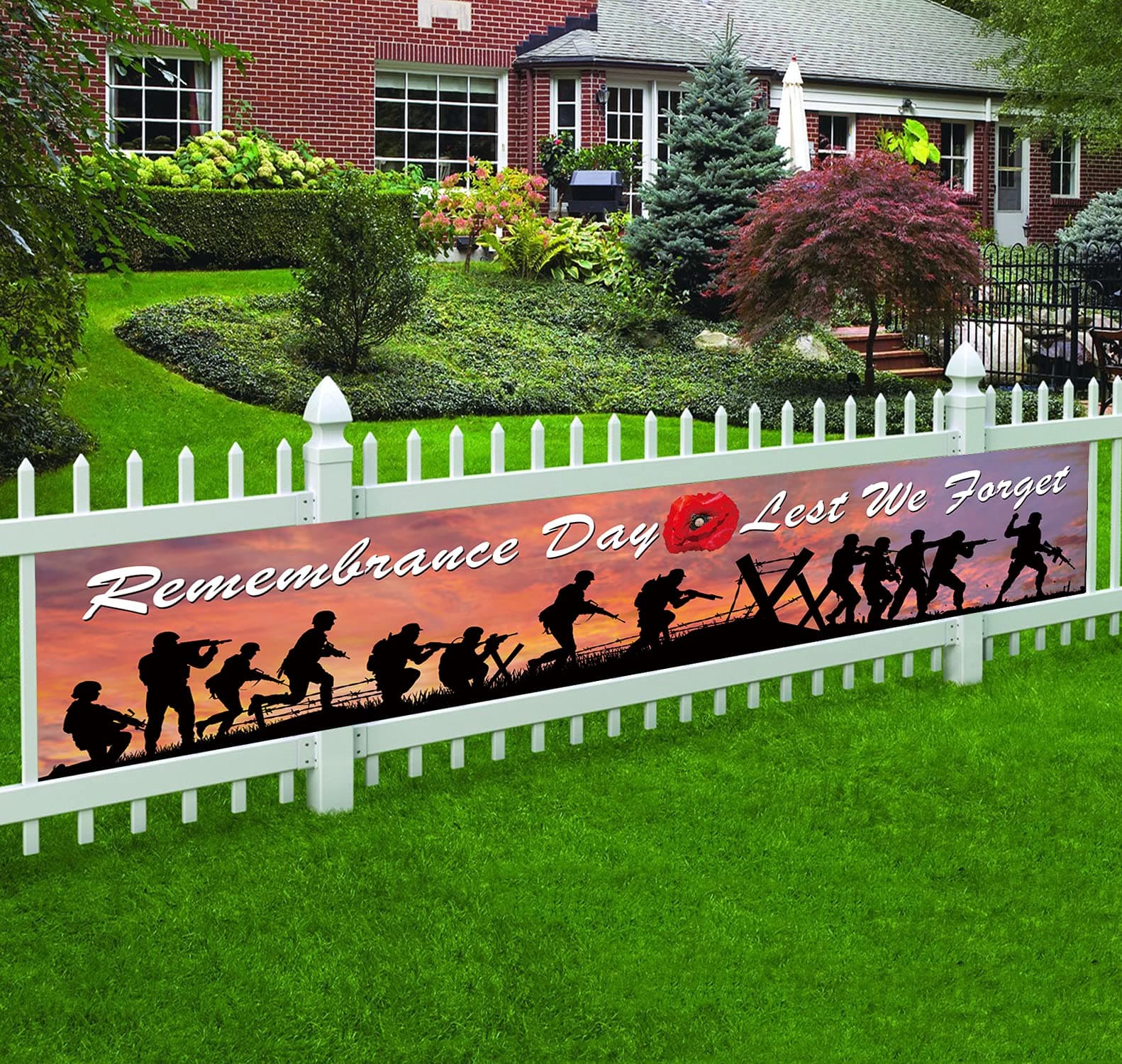 Large 10 x 2 FT Remembrance Day Banner,Lest We Forget World War Heroes Soldiers Armed Forces Troops Original Design Red Poppy Flower Banner for Veterans Memorial Day (10x2 ft large banner)