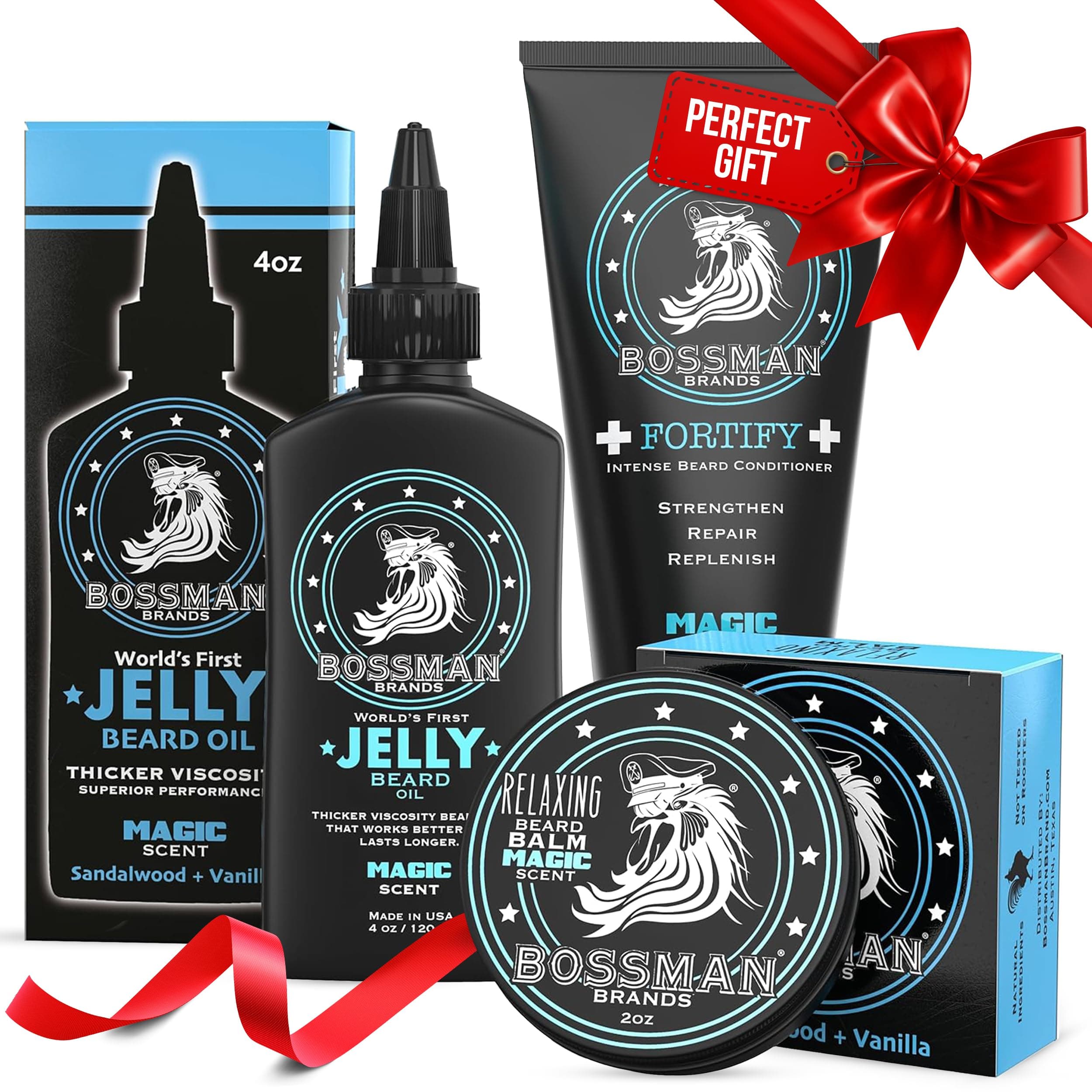 - Bossman Essentials Beard Kit for Men, Set of 3 - Beard Oil Jelly, Fortifying Conditioner Cream, Beard Balm - Grooming Growth Care Accessories - Gift Set for Men (Magic)