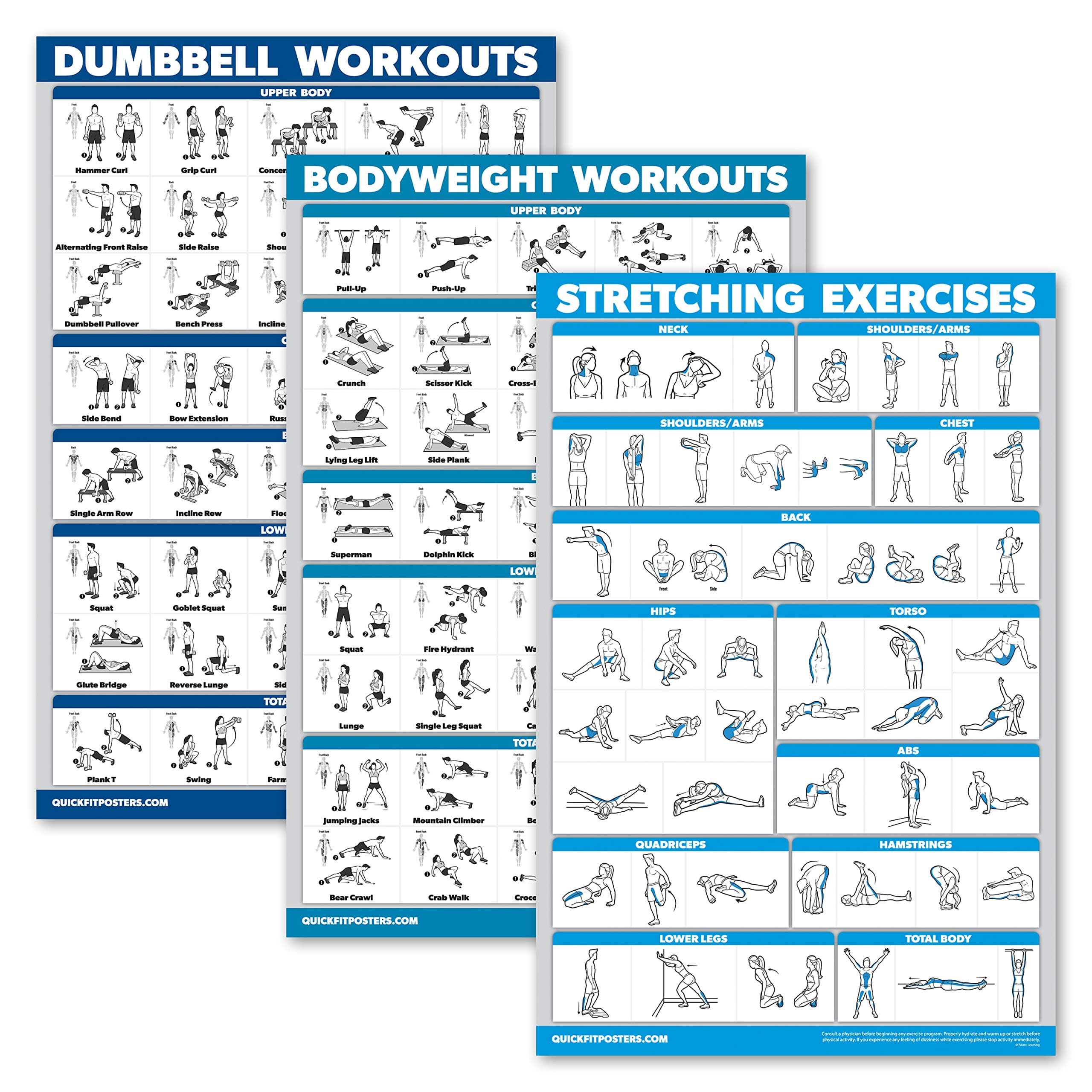 QUICKFIT 3 Pack – Dumbbell Workouts + Bodyweight Exercises + Stretching Routine Poster Set – Set of 3 Workout Charts (Laminated, 18" x 24")