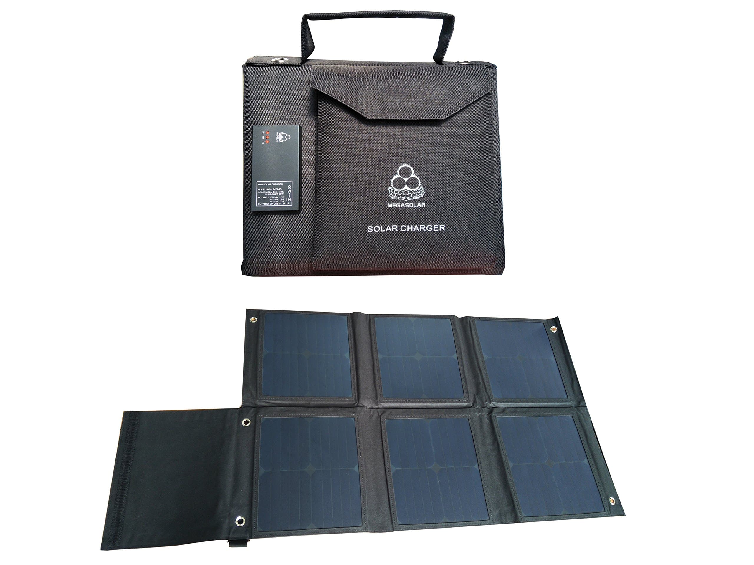 MEGASOLAR 60W Solar Charger Solar Panel with Solar Charge Controller Dual QC3.0 USB 5v - 12v and DC 12v 15v 20v Output, Portable Solar Charger Shoulder Bag for Charging Laptop Solar Generator Phone