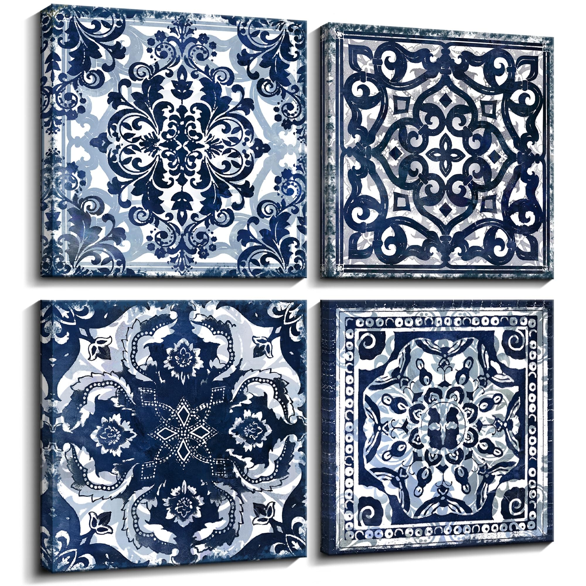 Bedroom Decor Canvas Wall Art Flower Pattern Prints Bathroom Abstract Pictures Modern Navy Framed Wall Decor Artwork for Walls Hang for Bedroom 4 Pieces Wall Decoration Size 14x14 Each Panel