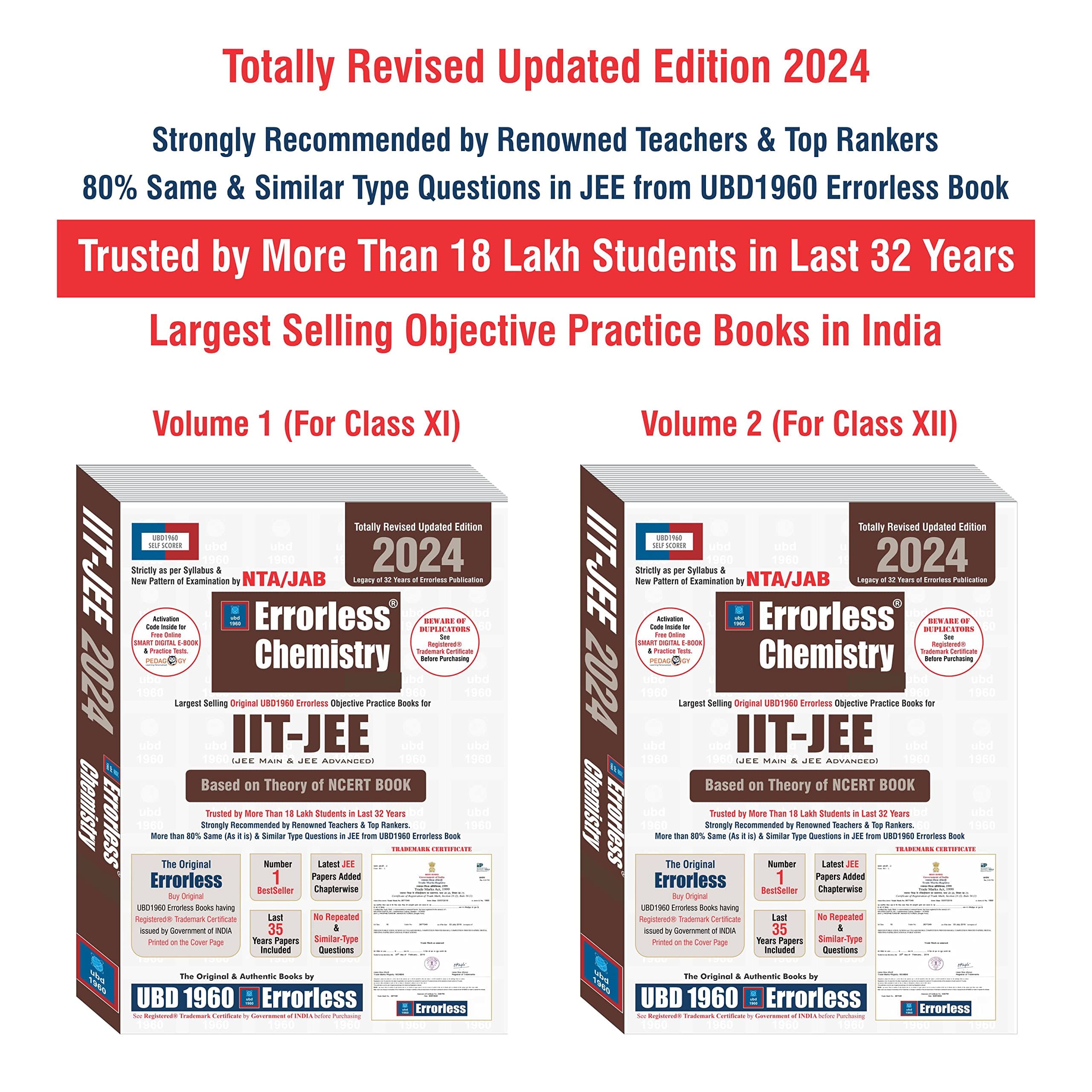 UBD1960 Errorless Chemistry for IIT-JEE (MAIN & ADVANCED) as per JAB (Paperback+Free Smart E-book) Revised Updated New Edition 2024 (2 volumes) by UBD1960 (Original Errorless Self Scorer USS Book with Trademark Certificate)