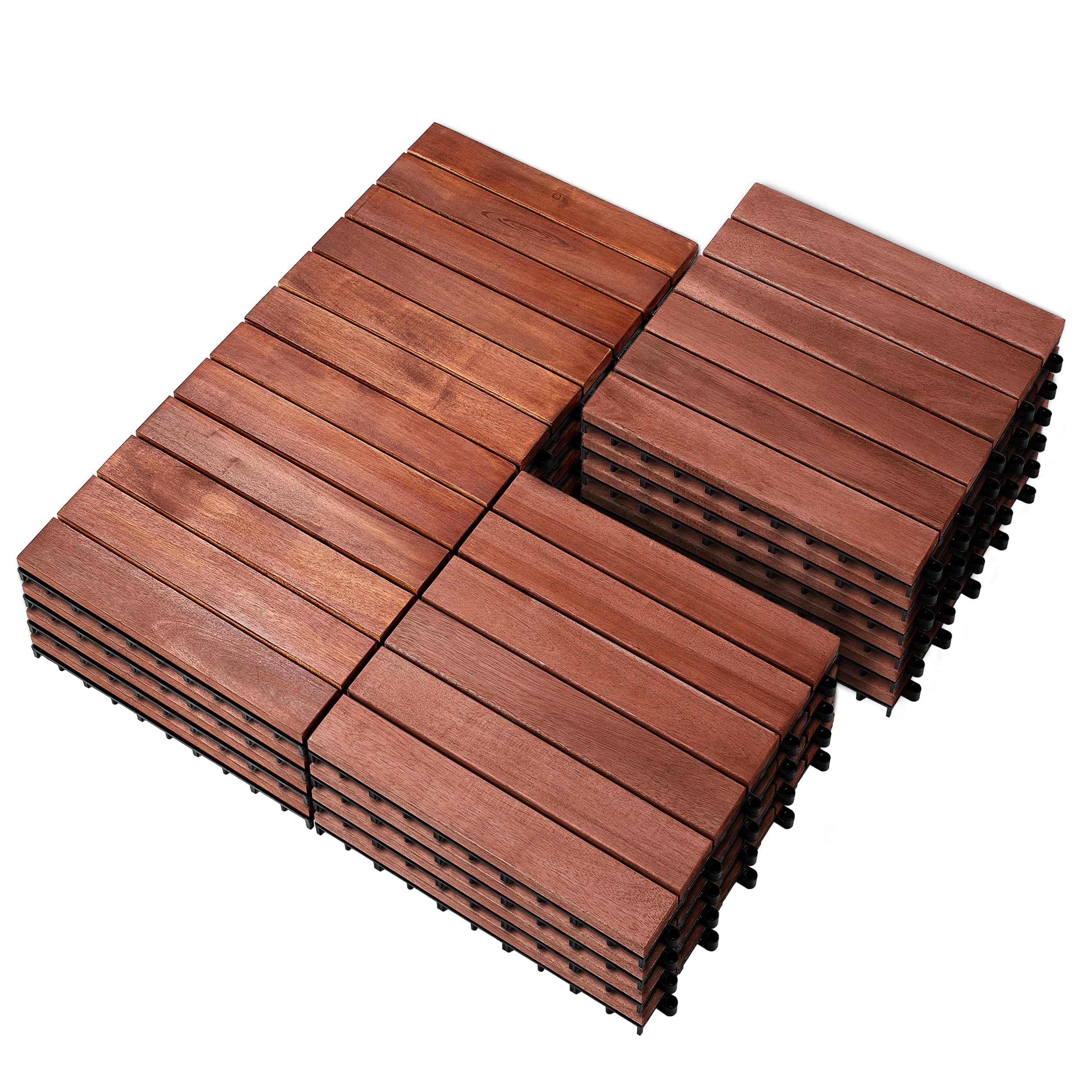 PrimeZone 18 PCS Solid Acacia Wood Interlocking Patio Deck Tiles - 12" x 12" Indoor Outdoor Waterproof Flooring Tiles for Balcony, Backyard, Garden & Poolside, All Weather Use, Brown