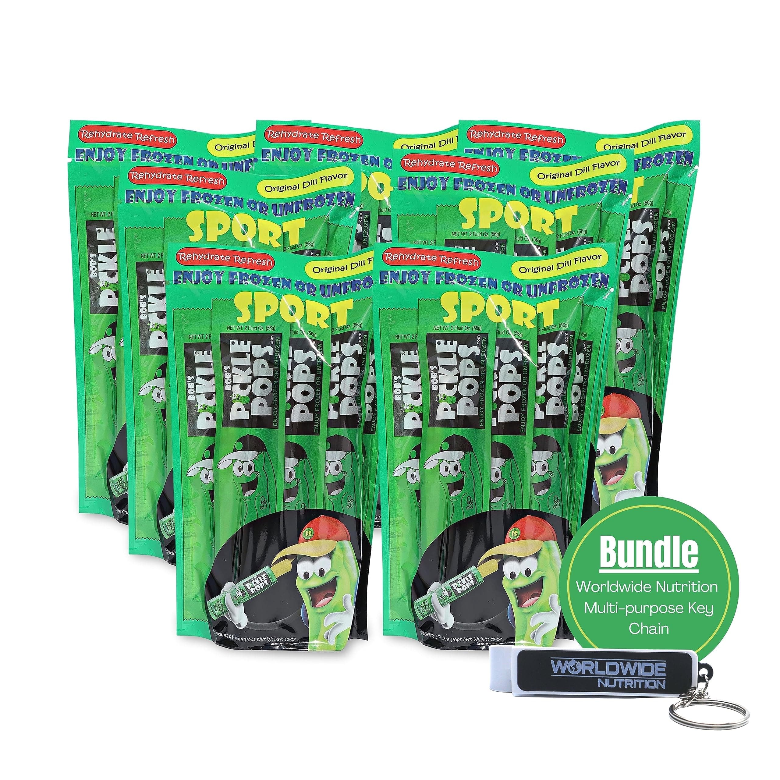 Worldwide NutritionBundle, 2 Items: Bob's Original Dill Pickle Juice Pops Sport - Electrolyte Popsicles for Pre-Workout or Post-Workout - 7 Pack, 42 Individual Pickle Pops & Multi-Purpose Key Chain