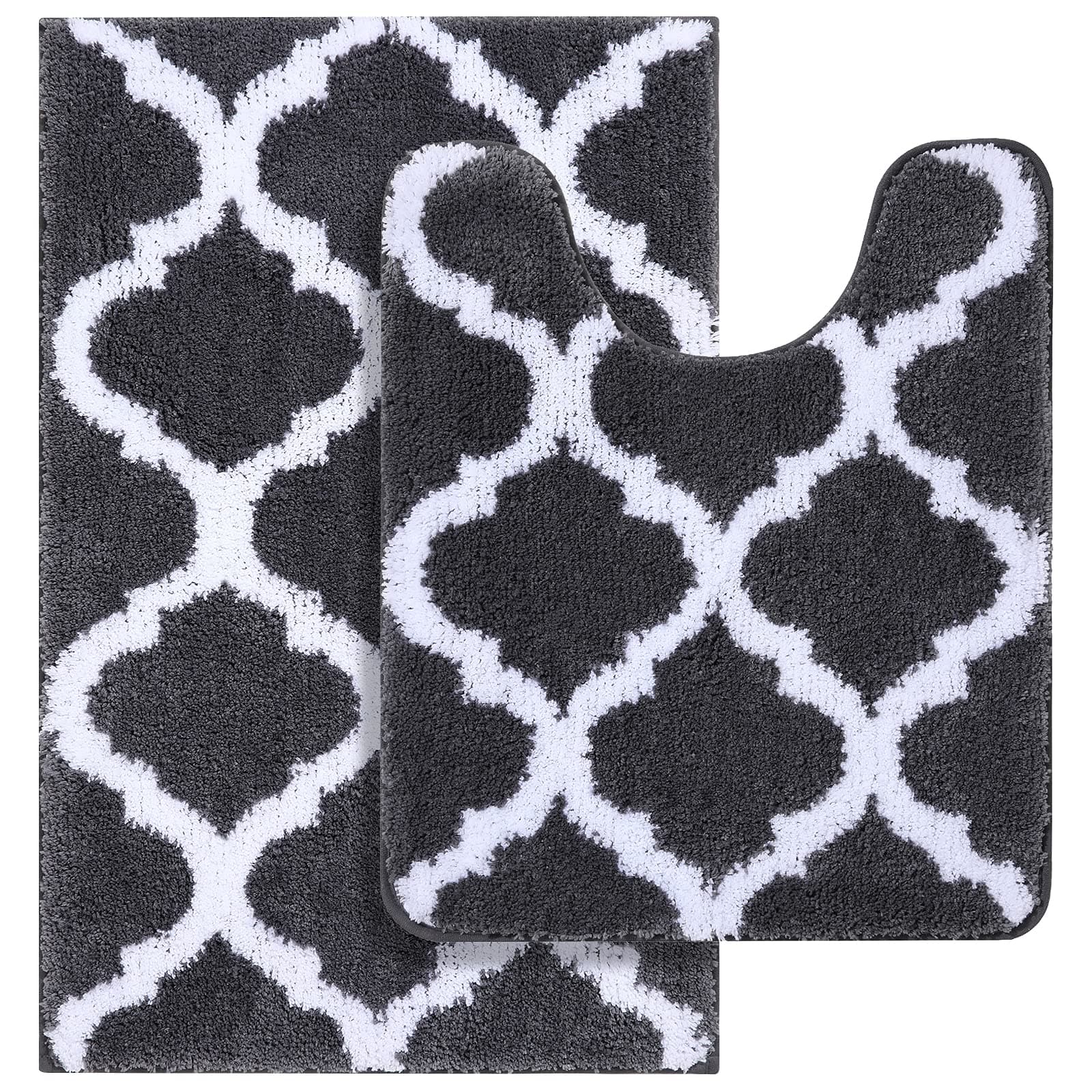 OLANLYBathroom Rugs Set 2 Piece Microfiber Bath Shower Mat and U-Shaped Toilet Rug, Machine Wash Dry, Non Slip Absorbent Shaggy Bath Rug for Tub, Shower and Bath Room (20" x 32"+20" x 24", Dark Grey)