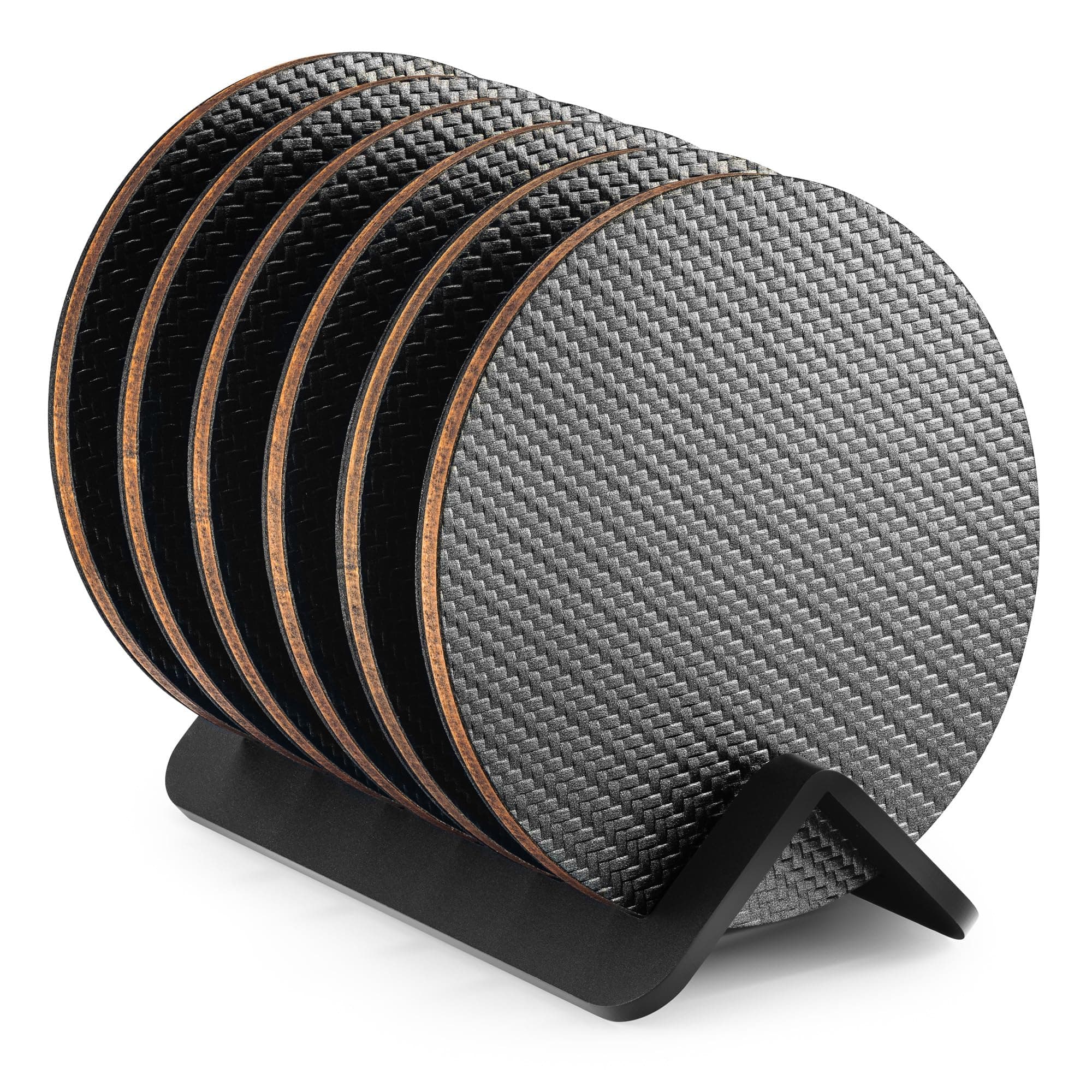Modern Coasters for Drinks with Holder | 6 Premium Carbon Coasters in Classy Geometric Design | Protect Furniture | Unique Gift in Luxury Gift Box (Dark Gray)