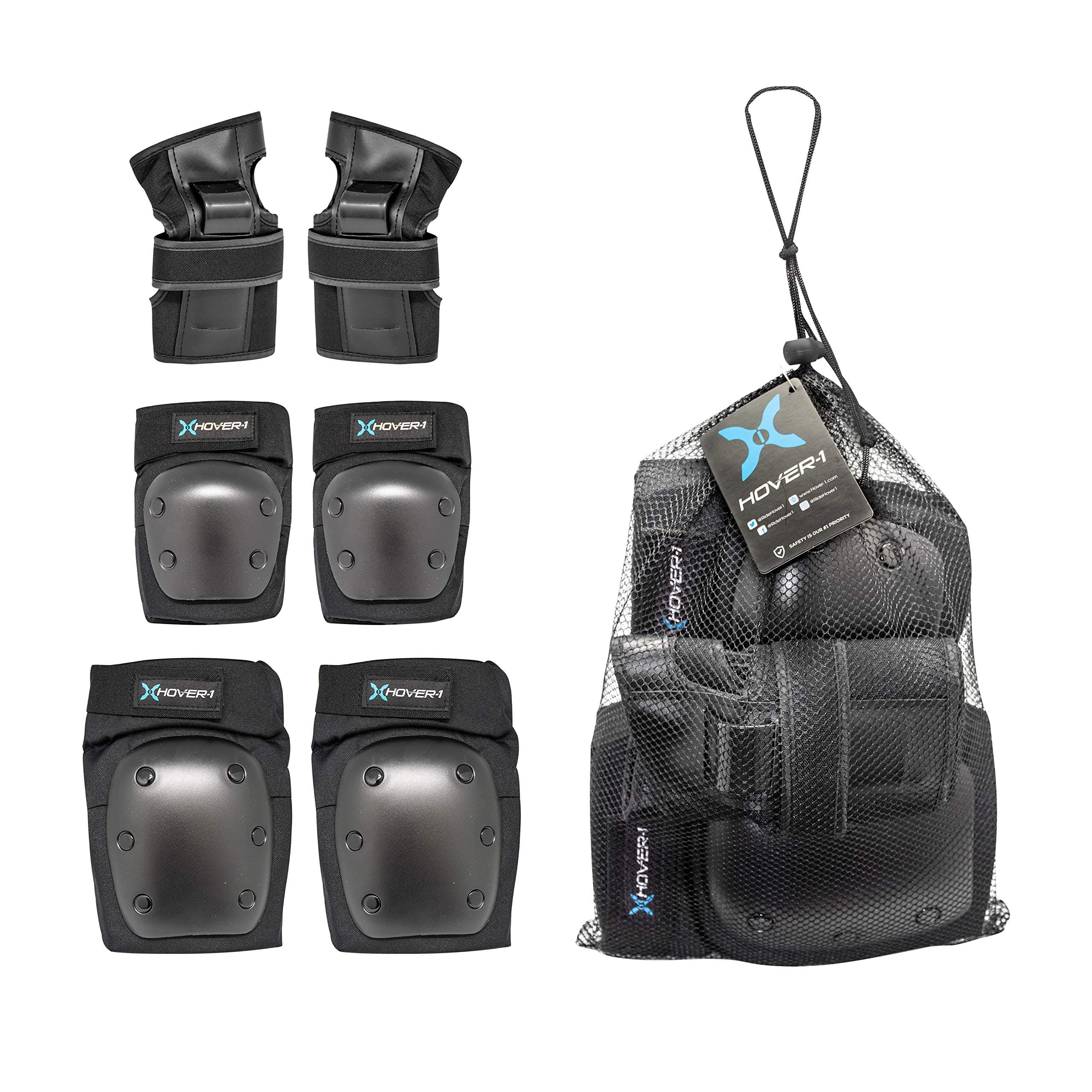 Hover-1 Nylon Protective Elbow Pads, Wrist Guards and Knee Pads Set, Black, Large