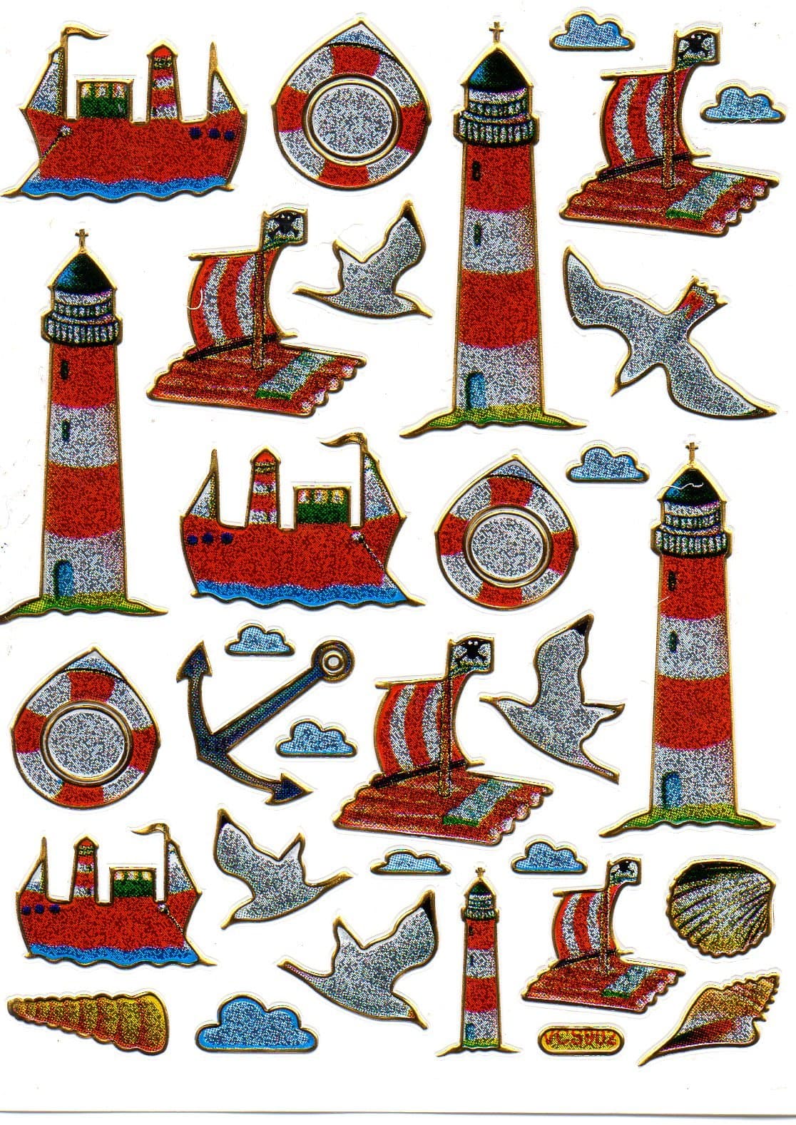 Lighthouse Stickers, Multi-Coloured, 32-Piece Set, 1 Sheet, 135 x 100 mm, Crafts, Children, Party, Metallic Look