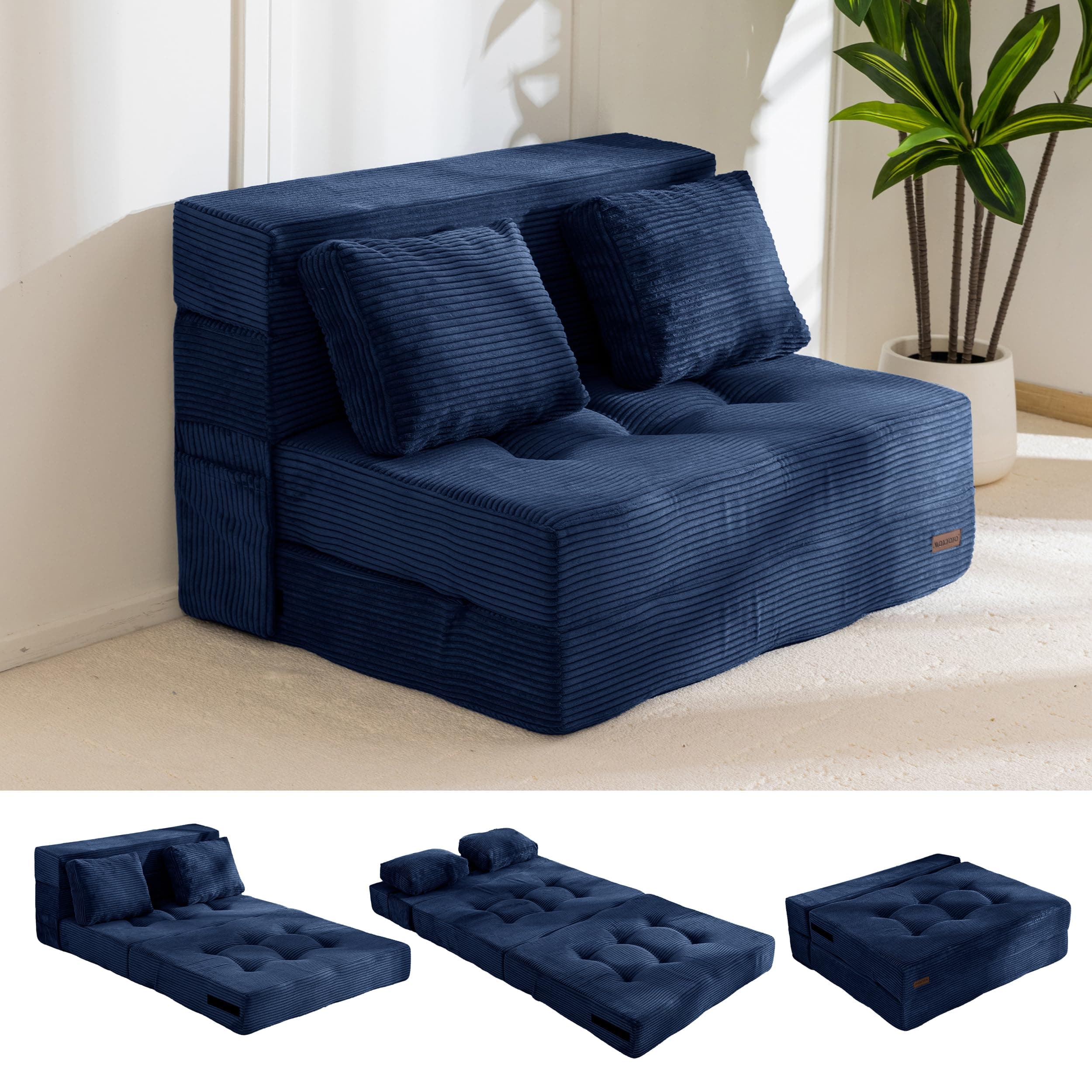 MAXYOYO Convertible Sofa Bed, Fold Out Loveseat Sleeper Sofa with Pillow, 4 in 1 Tufted Folding Couch Bed Foam Floor Couch, Lazy Chair for Living Room Bedroom Guest Room, Navy