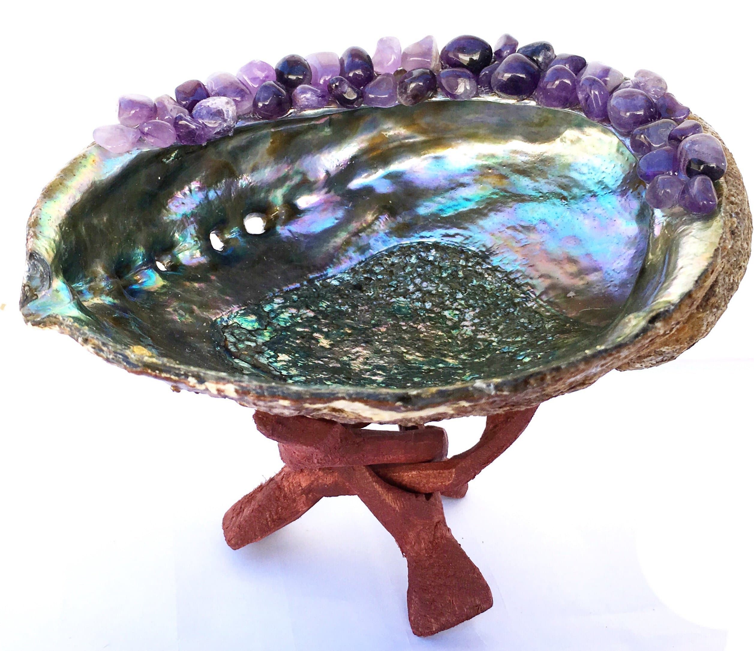Chakra Palace Large Abalone Shell Adorned with Amethyst Chips - Beautiful for a Smudging Bowl or Altar with Wood Stand