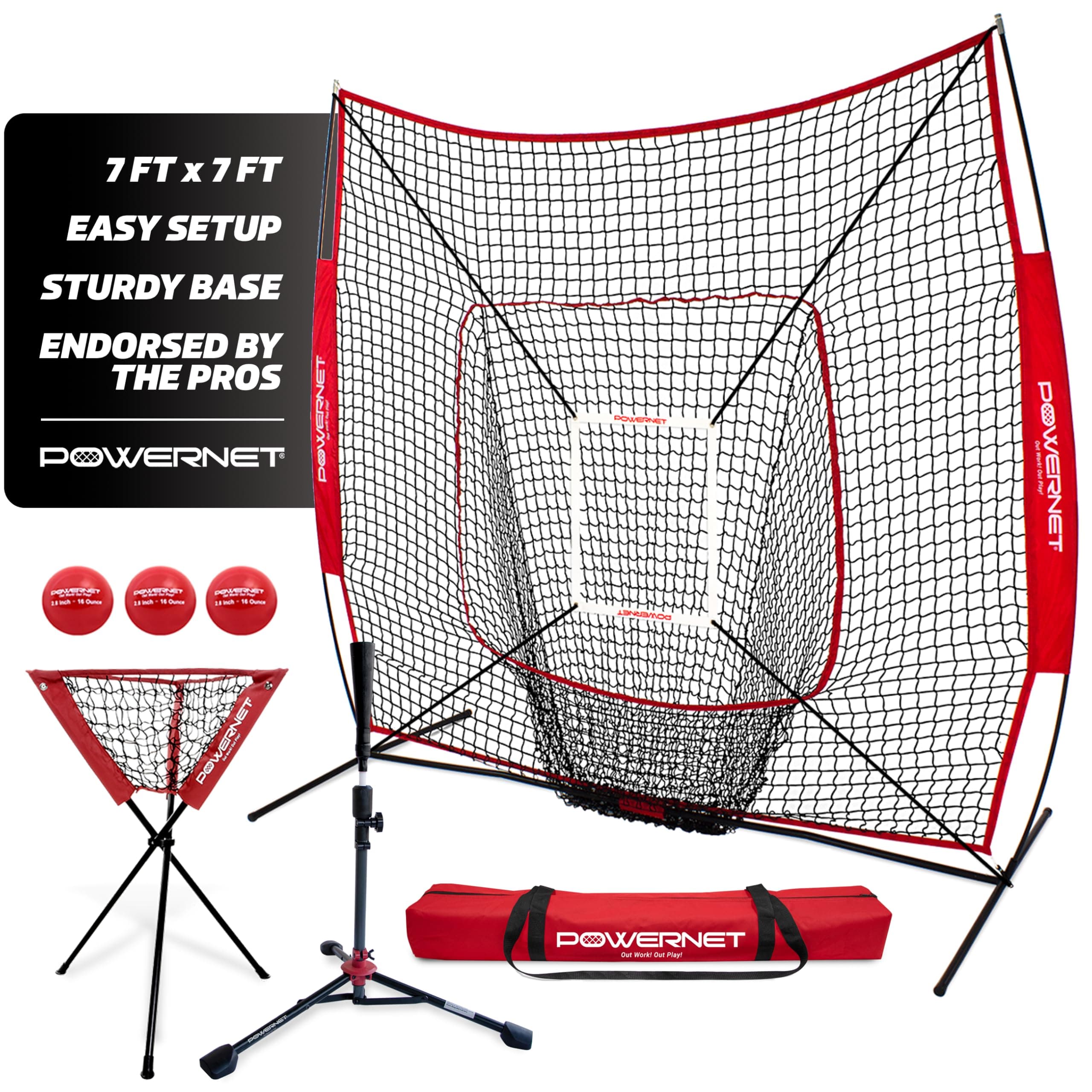 PowerNet 7x7 DLX Practice Net + Deluxe Tee + Ball Caddy + 3 Pack Weighted Ball + Strike Zone Bundle | Baseball Softball Coach Pack | Pitching Batting Training Equipment Set | 7' x 7'