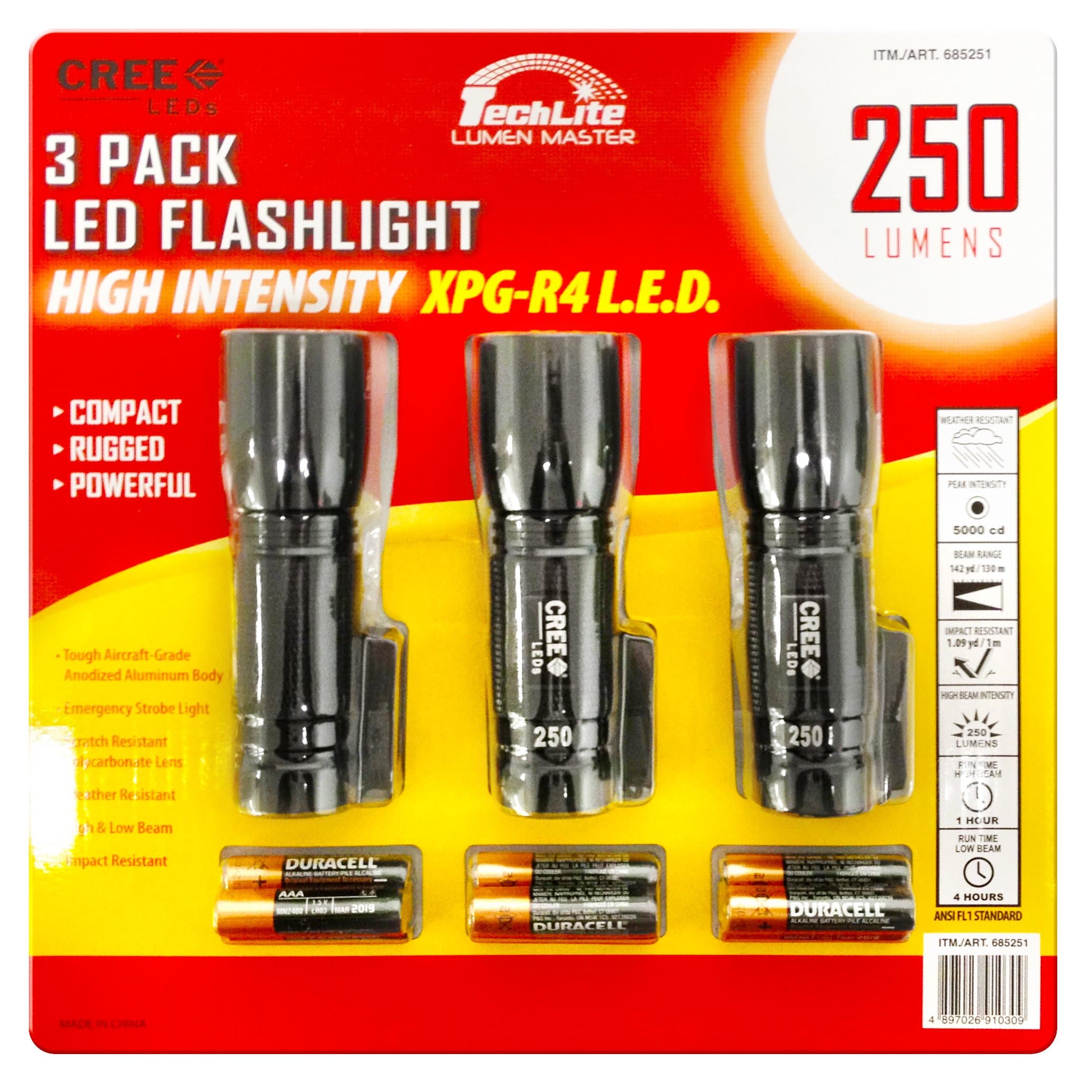 Techlite Lumen Master 250-Lumens High-Intensity CREE XPG-R4 LED Tactical Flashlight (3-Pack)