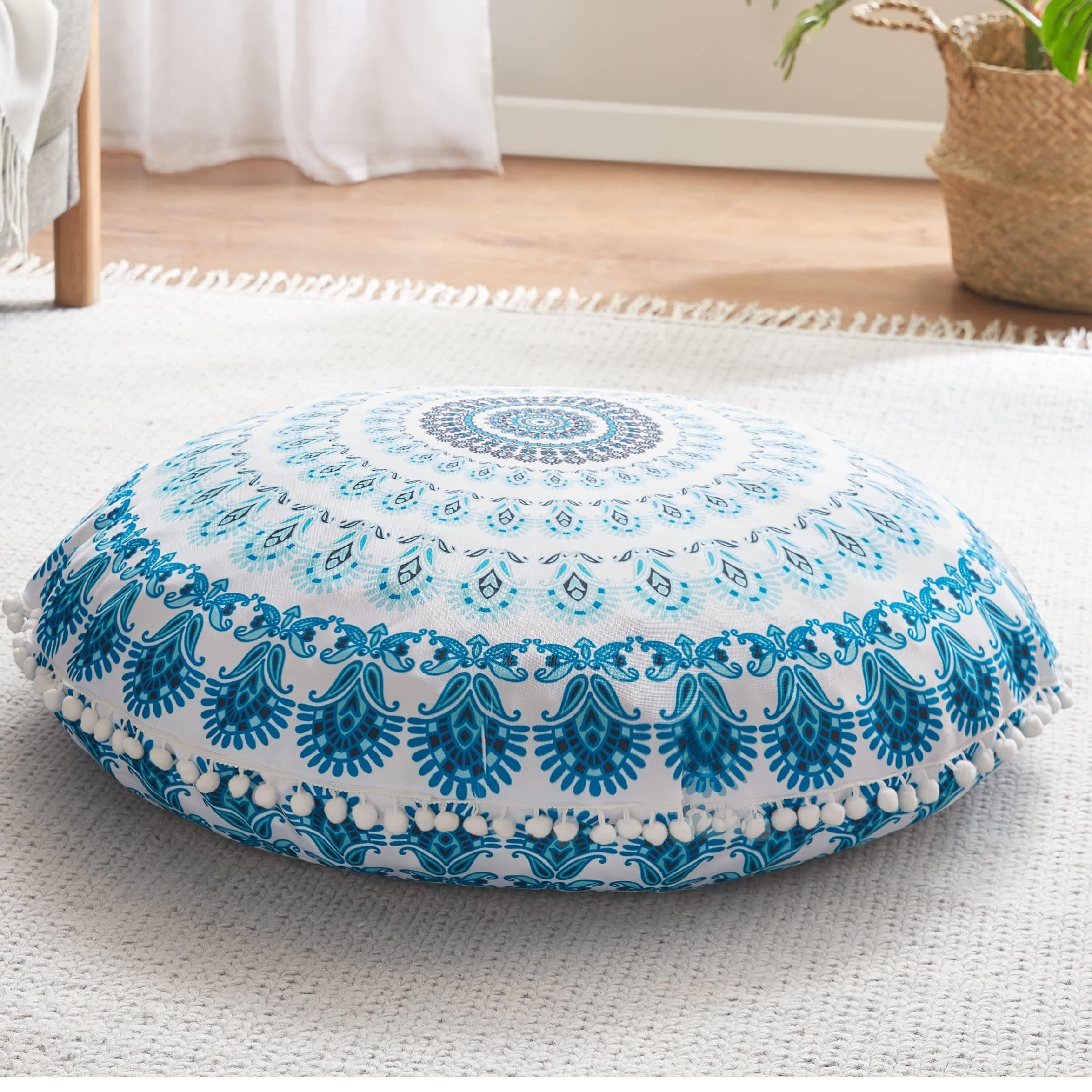 Codi Meditation Floor Pillow, Round Large Pillows Seating for Adults, Bohemian Mandala Circle Cushion for Outdoor Fireplace Yoga Living Room, 32 Inch, Memory Foam Added, Aqua