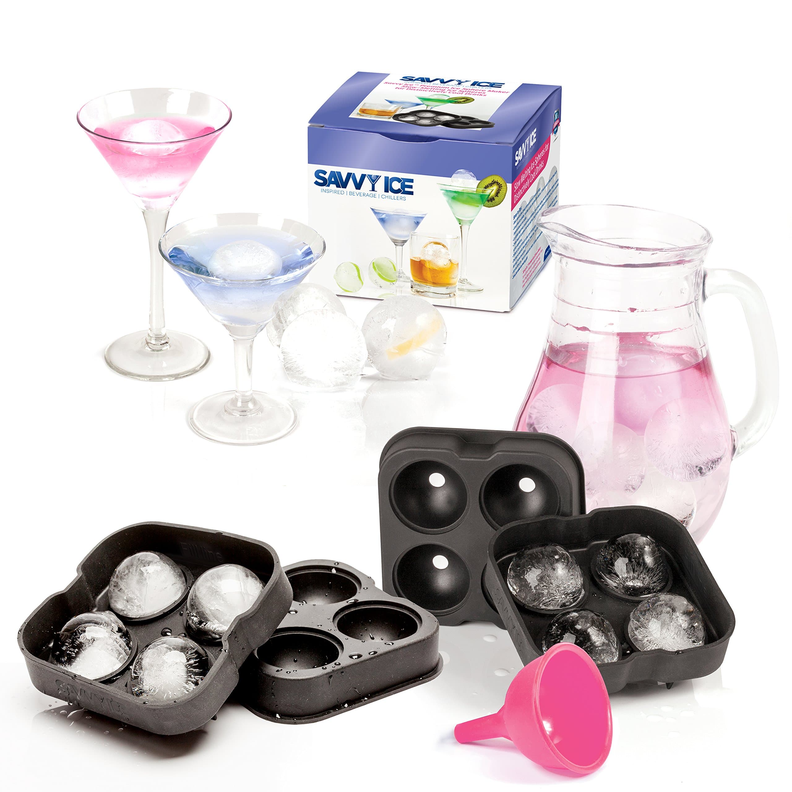 Savvy Ice Sphere Molds (2 Pack) - Makes 8 Slow Melting Round Ice Balls - Unique Drink Chillers - Best Stackable Silicone Ice Cube Trays w/ Funnel - Enjoy Tastier Cocktails & Iced Cold Beverages