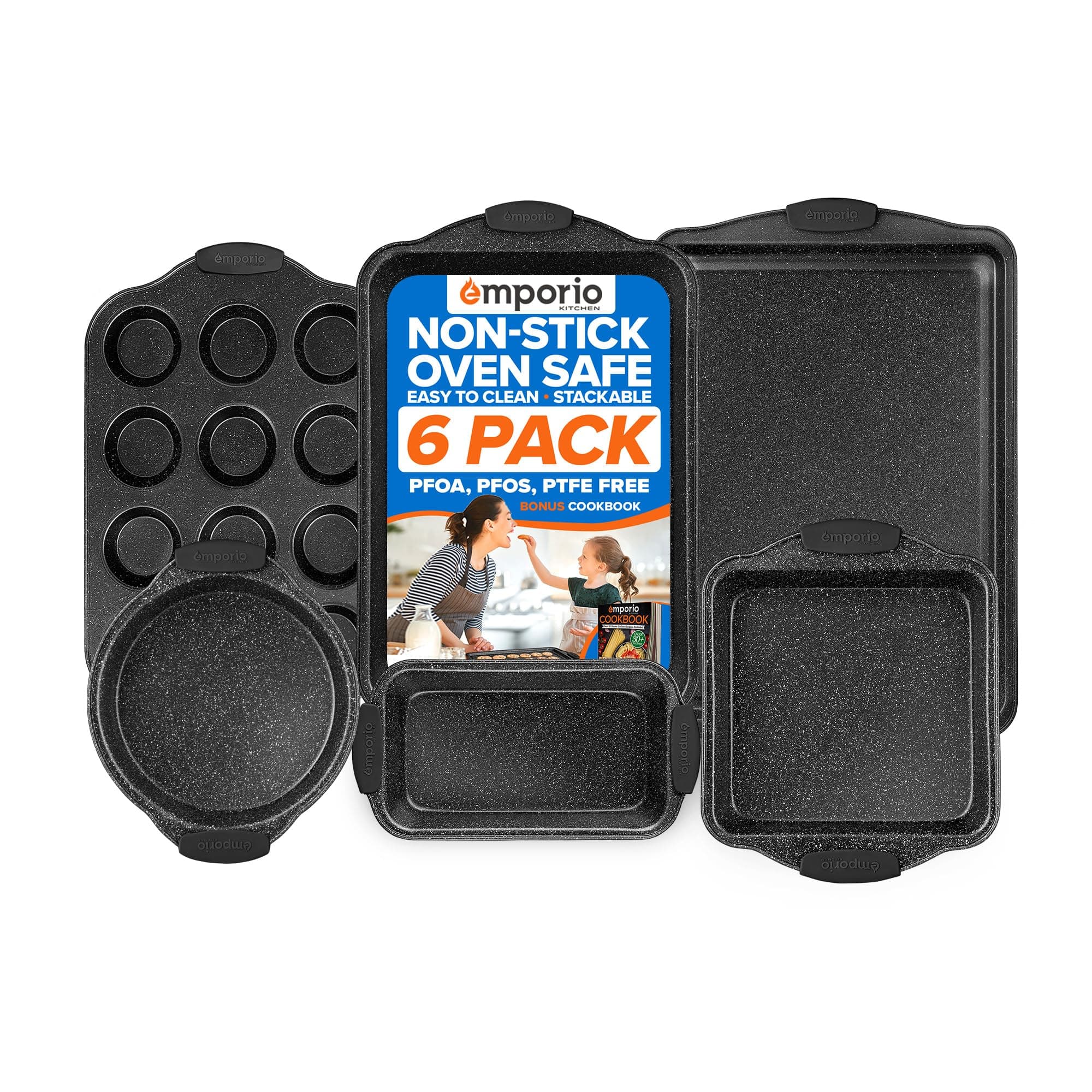 Baking Pan Set - Nonstick Coating, Carbon Steel Bakeware Set with Red Silicone Handles, PFOA, PFOS, PTFE Free, Recipe Booklet Included, Oven Safe Tray (Up To 450° F), Set of 6 - Black