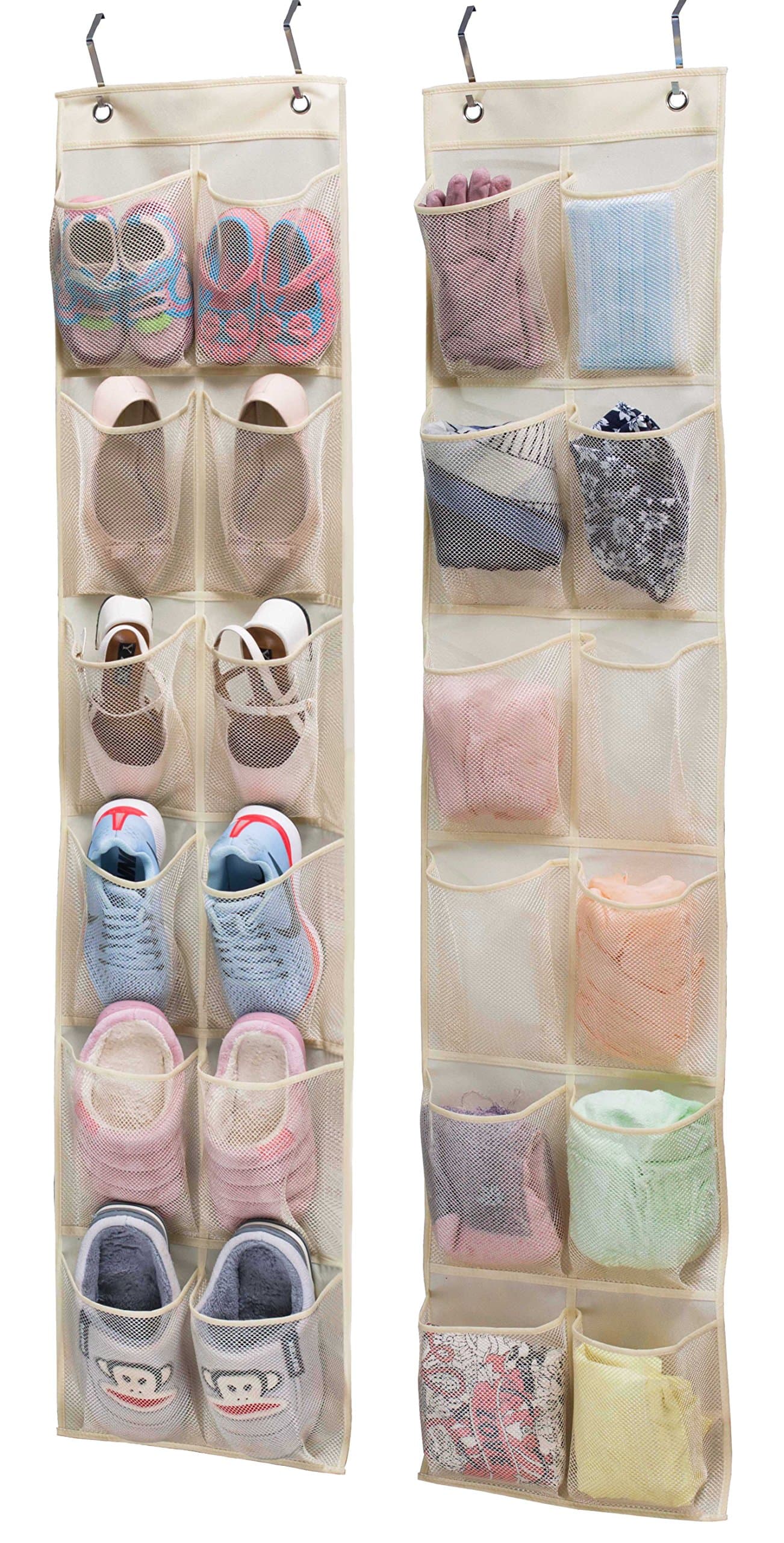 2 Pack - Kimbora 12 Large Mesh Pockets Over the Door Shoe Organizer Narrow Closet Door Hanging Pantry Organizer, Beige