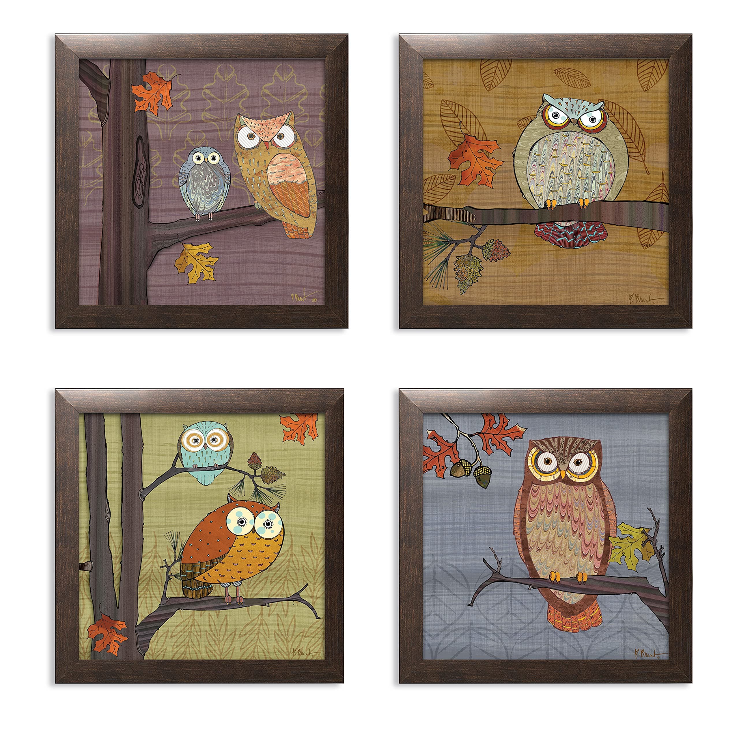 4 Awesome Owls in Tree Set by Paul Brent, Four 12 by 12-Inch Brown Framed Prints