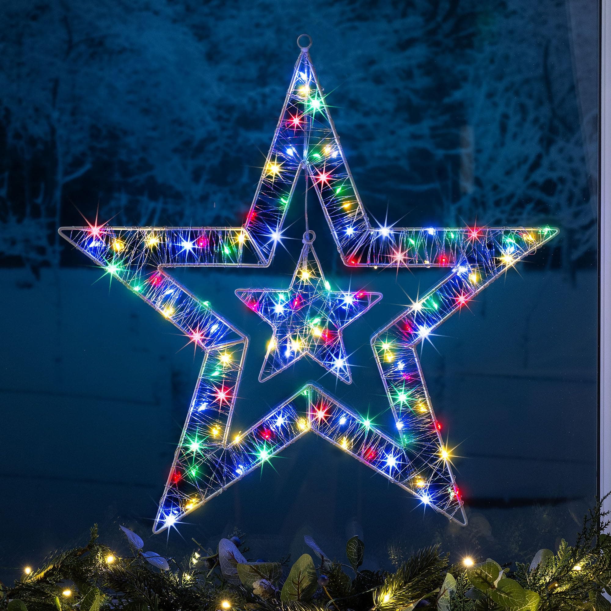 Christow Double Star Christmas Light, Micro LED, Window Wall Decoration, Indoor Outdoor, Battery Operated with Timer Function, 50cm (Multi Coloured)