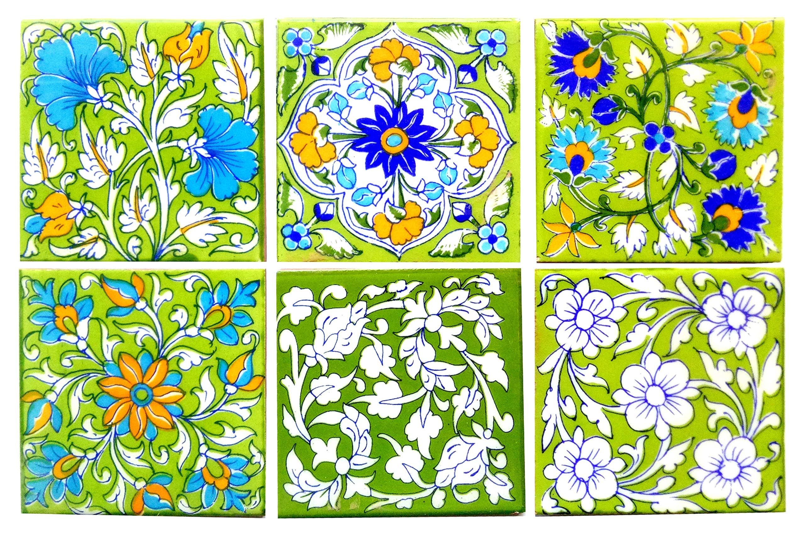 Home Decorative Tile Ceramic High Lighter Wall Tiles 4 x 4 Inch Set of 6 Tiles (Green & Multicolor)