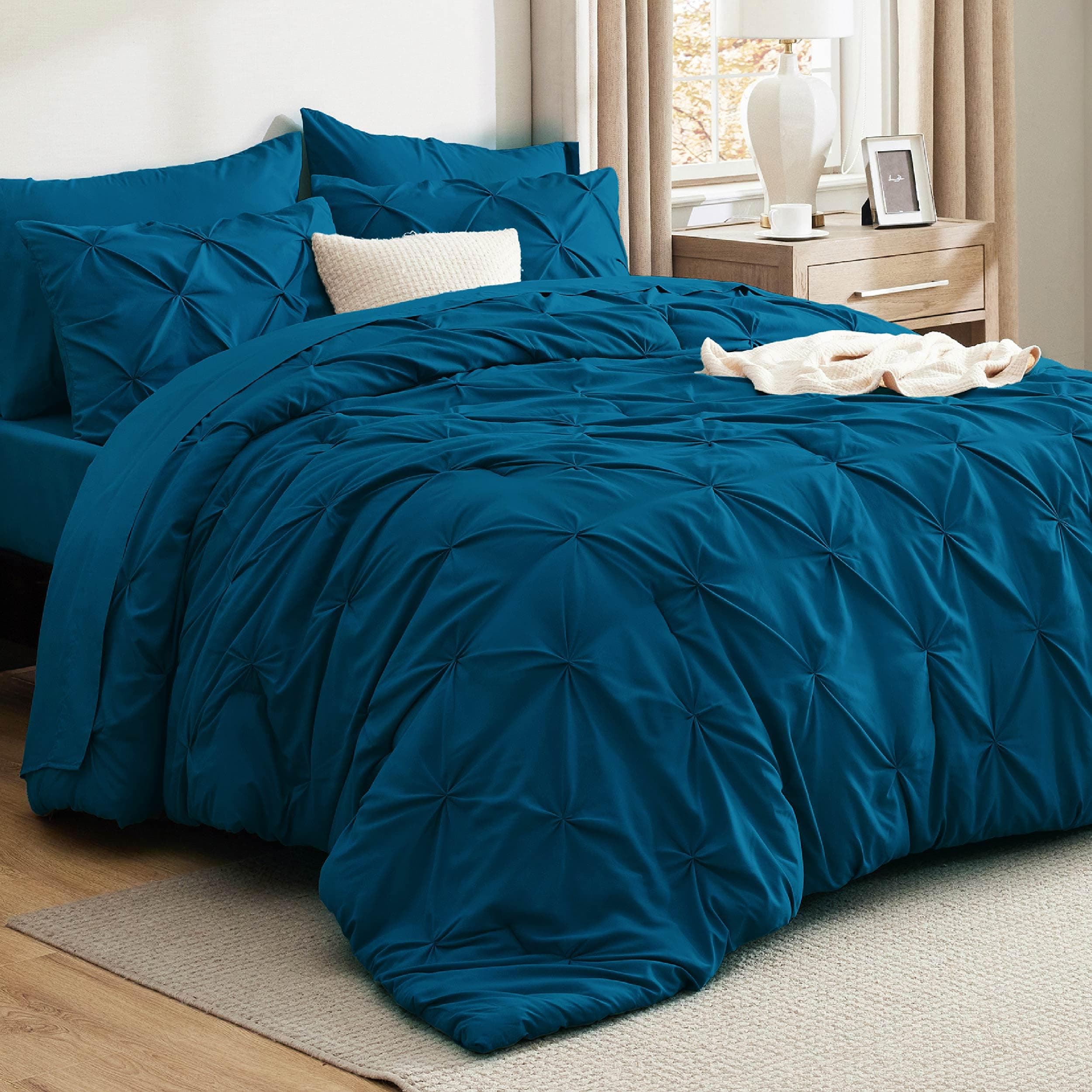 Bedsure Full Comforter Set Teal - Bed in a Bag Full Size Bedding Set 7 Pieces, GentleSoft™ Pintuck Bed Set Gift for Family, Pinch Pleat All Season Comforter with Sheets, Pillowcases & Shams