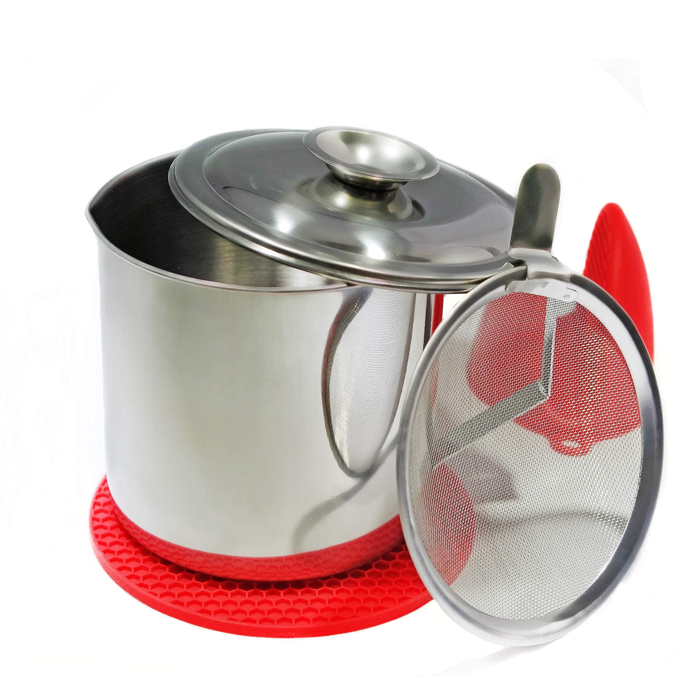 eatelle Cooking Oil Container and Bacon Grease Keeper with Strainer + Red Mitt and Mat