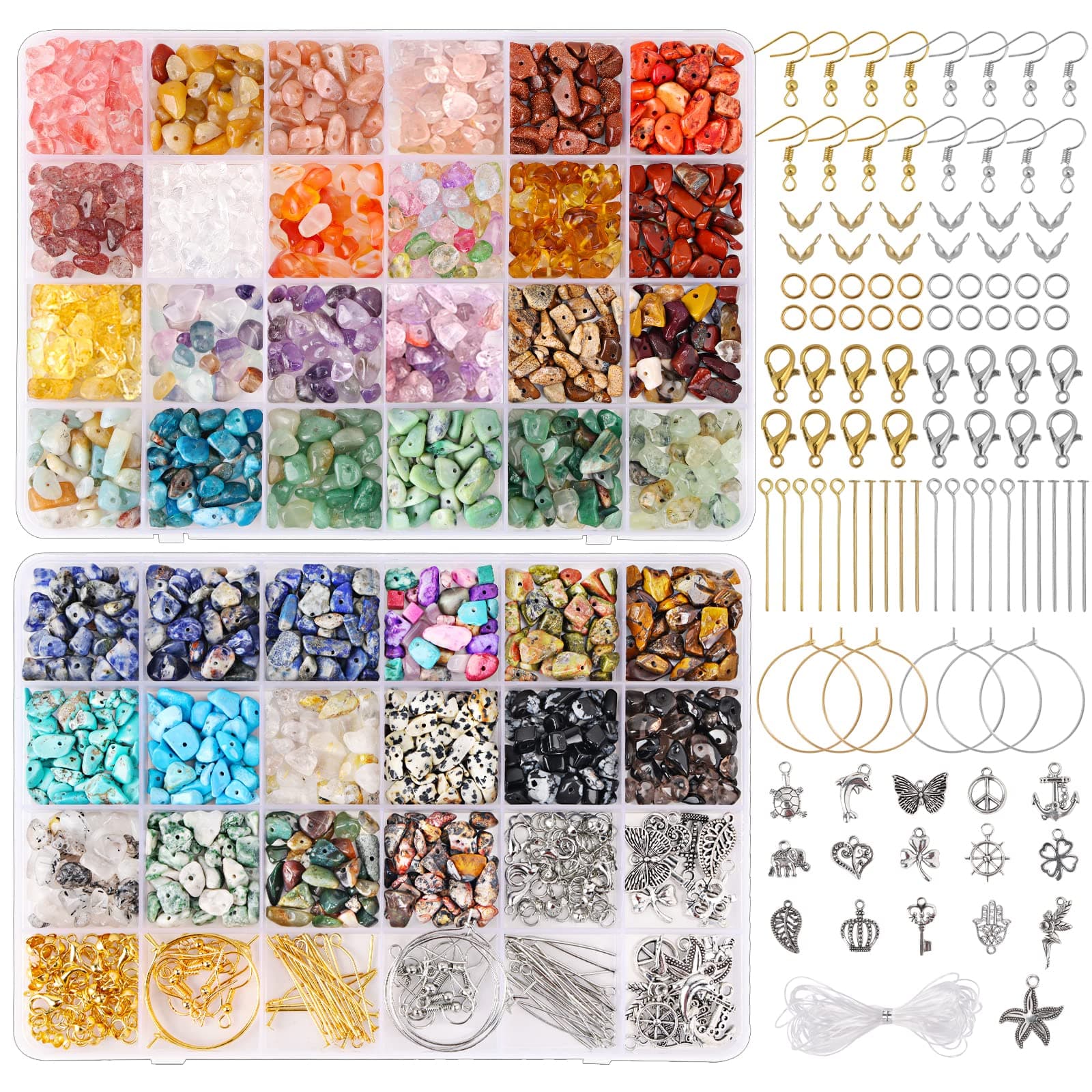 QUEFE 720pcs Crystal Chips Beads Ring Making Kit, 40 Colors Crystal Chips and Gemstone Beads for Jewelry Making Crystal Beads for Ring, Bracelets Earring Making Supplies, Craft Gifts