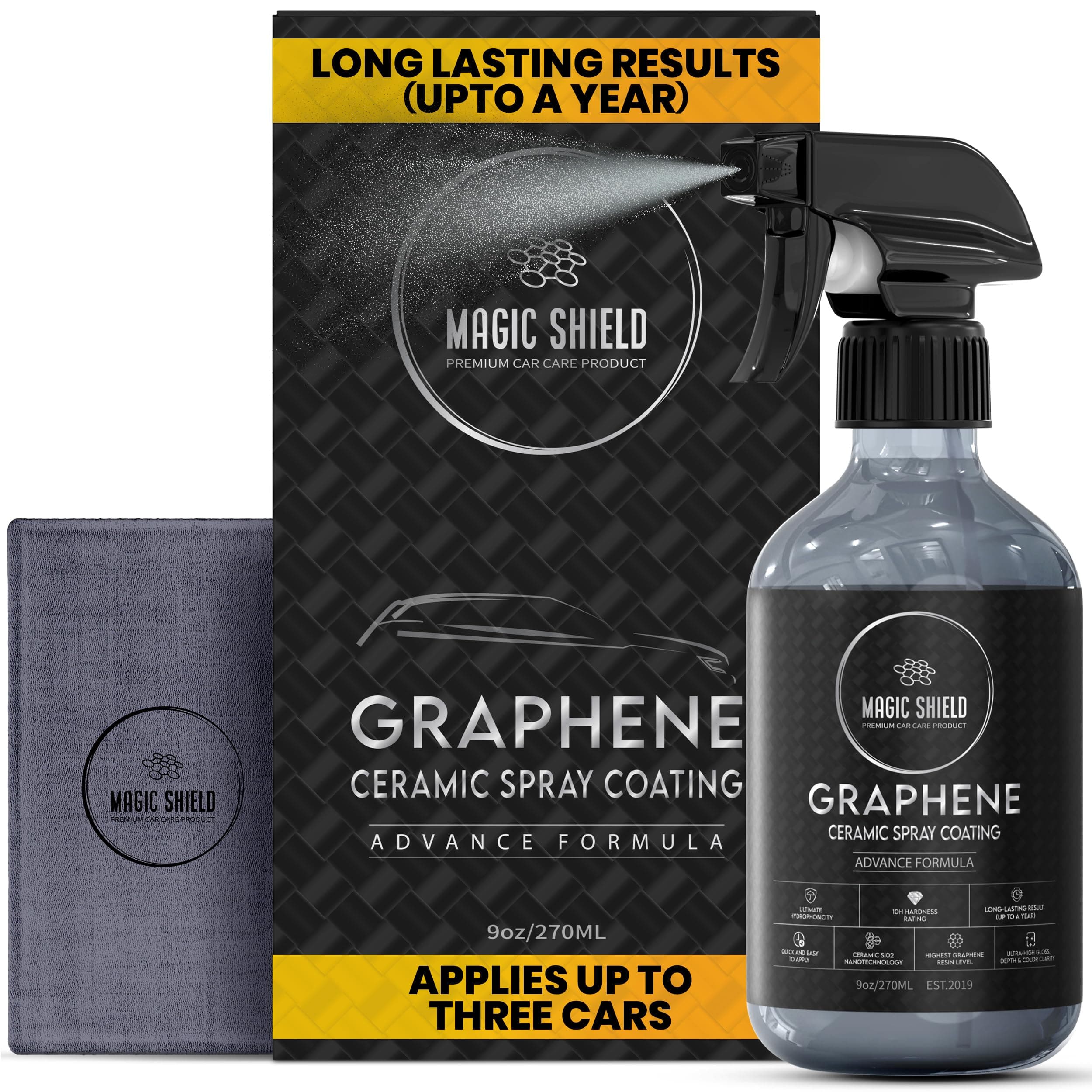 Magic Shield Graphene Ceramic Spray Coating - Quick & Easy Application for Cars, Motorcycles, Boats & More - Professional-Grade Sealant - Maximum Gloss & Shine - Long Lasting Protection - 9oz Bottle