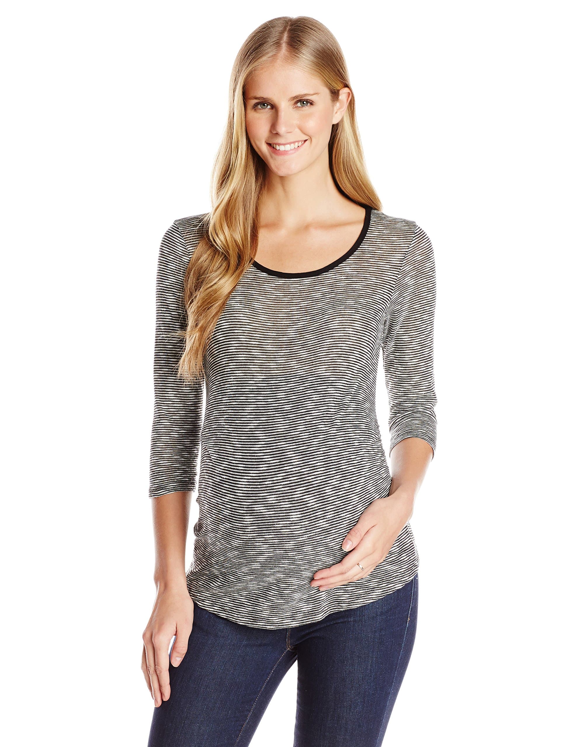 Three Seasons Maternity 3/4 Sleeve Stripe Side Rouche Top