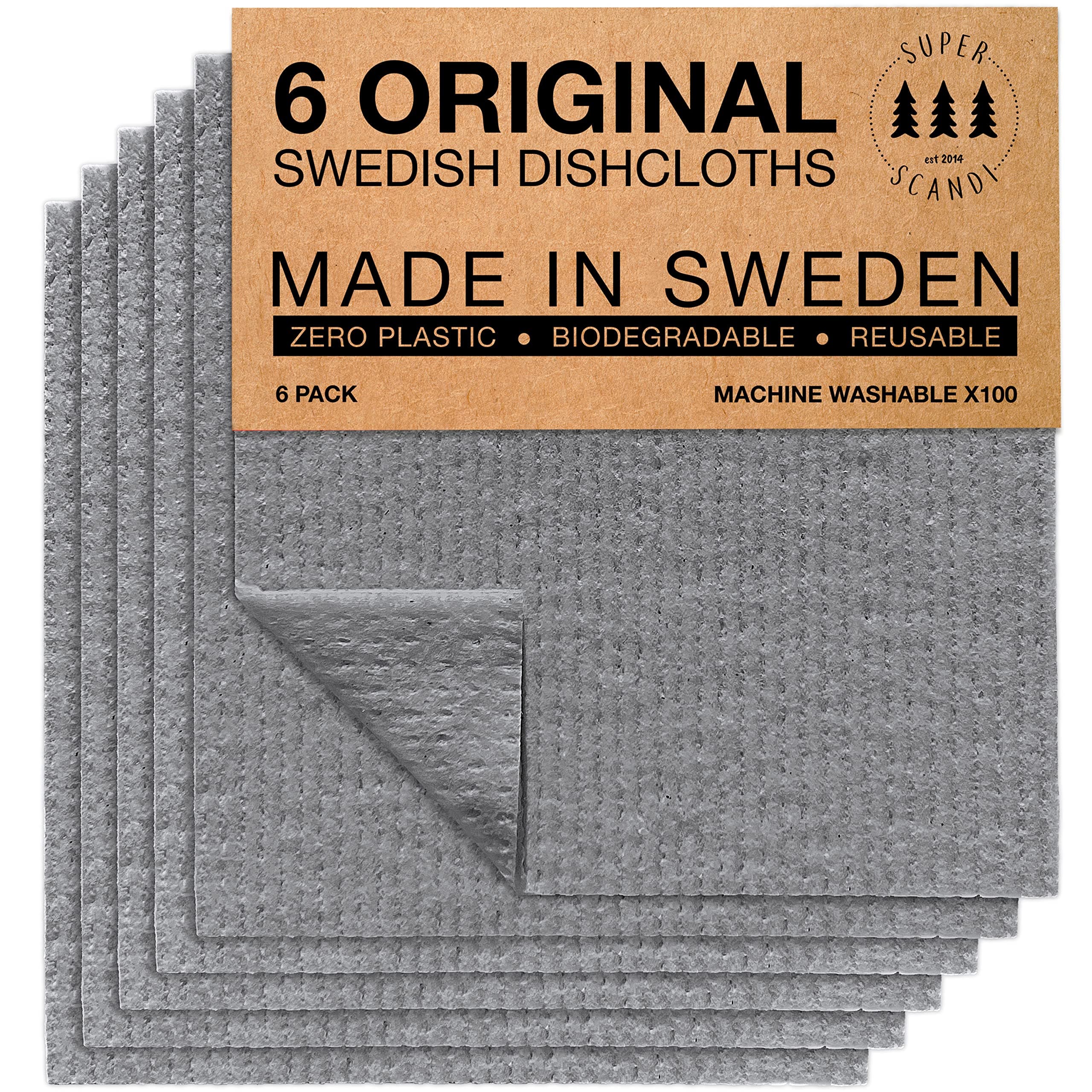 SUPERSCANDI 6 Pack Reusable Cleaning Cloths - 100% Biodegradable & Compostable Washable Swedish Dishcloth - Food-Safe & Plastic-Free Kitchen Cloth Suitable for Any Surface, Grey